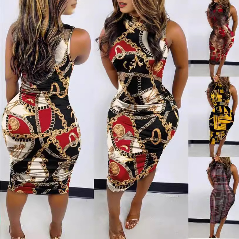 Spring and Summer European and American Sleeveless Printed Dress Cross-Border 2022 New One-Step Skirt Round Neck Tight Dress for Women in Stock