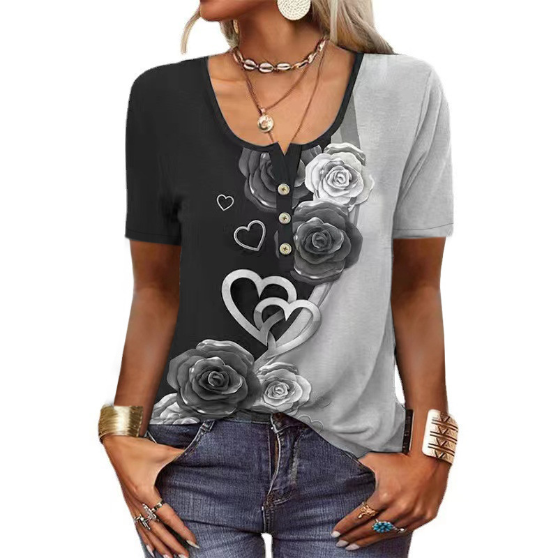 Women's T-shirt Short Sleeve T-shirts Printing Button Vintage Style Ethnic Style Flower display picture 3