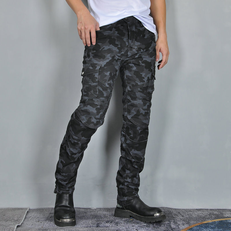 VOLERO Volum Gong motocicleta pantalones vaqueros de la motocicleta de la vendimia de camuflaje multi-Bolsa de ropa de trabajo pantalones anti-caída