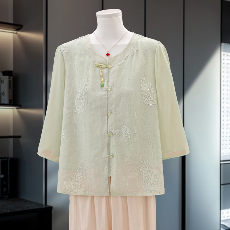 New Chinese-Style National Style Lace Sequin Embroidered Mid-Sleeve Shirt, Summer High-End Luxury Fashion Top Shirt