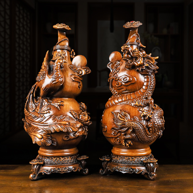 中式一对龙凤呈祥双葫芦摆件办公室客厅家居装饰品树脂工艺商务礼