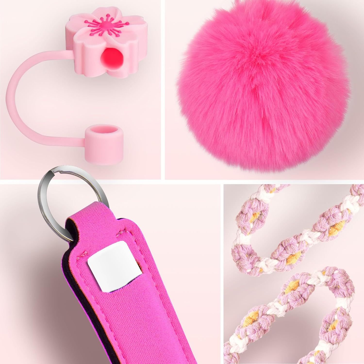 Conjunto de 8 piezas de taza Stanley colgantes Begonia gorra de paja cadena taza bolsas de lápiz labial bola de lana flor tapones de polvo