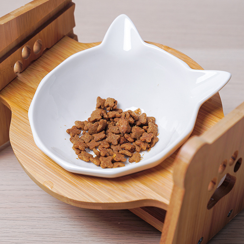 Protector de cuello ajustable de madera para gatos, tazón doble, estante para tazón de cerámica para gatos, estante para tazón para perros anti-volcado