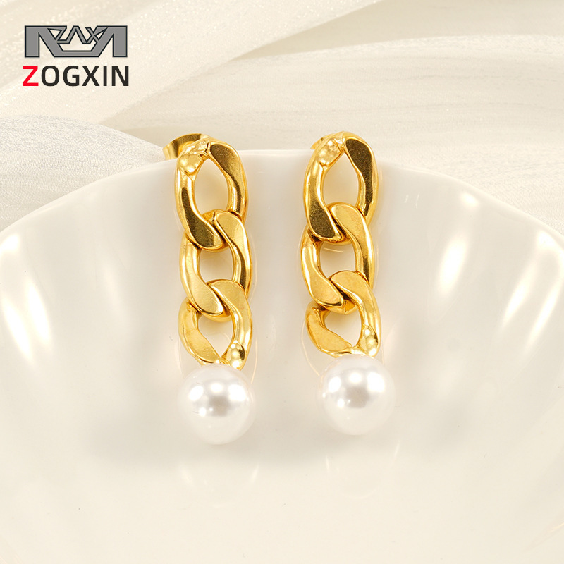 Pendientes transfronterizos europeos y americanos de acero de titanio de viento de 18K para mujer Pendientes de cadena cubana de acero inoxidable para mujer Pendientes largos de perlas para mujer