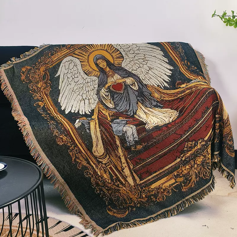 跨境艺术挂毯高级感油画复古野餐毯多功能毯盖布巾沙发毯床毯子