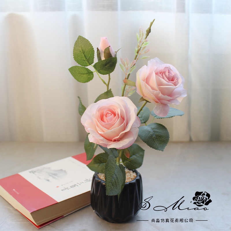 Flores simuladas de tres cabezas de rosa pequeña decoración creativa bonsai fábrica de decoración directa para plantas verdes artificiales falsas macetas simuladas image 13
