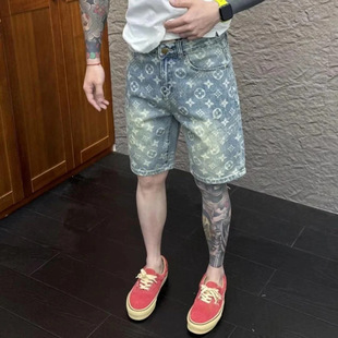 Men's Denim Shorts Summer New Style Personalized Printed Trendy Brand Five-Point Shorts Korean Fashion Trendy Slim Versatile Shorts