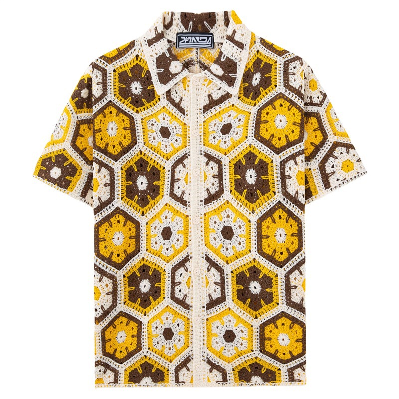 Cross-Border Men's Clothing European and American Men's Retro Crochet Knitwear Summer New Short-Sleeved Cardigan Polo Shirt Sy0138