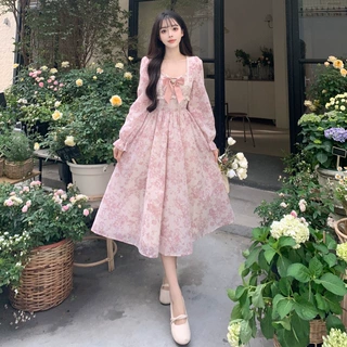 法式甜美碎花长袖连衣裙女秋季高级感气质长裙收腰温柔风仙女裙子