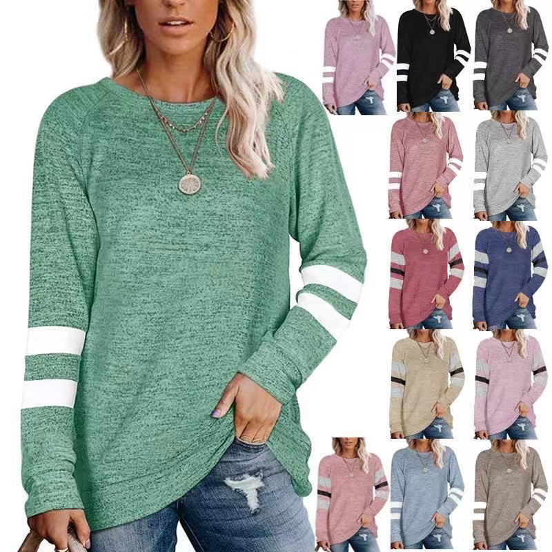 Autumn/Winter 2021 Amazon Sweatshirt European and American Women's Long Sleeve Stitching Round Neck Casual T-Shirt Loose Cross-border Top