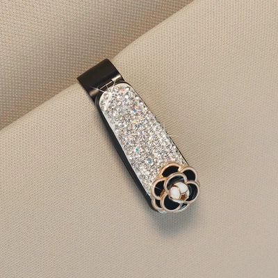 Car Glasses Clip/Bill Clip Sunglasses Holder Car Eye Box - hollow-black-camellia-white-full-drill-small-glasses-clip