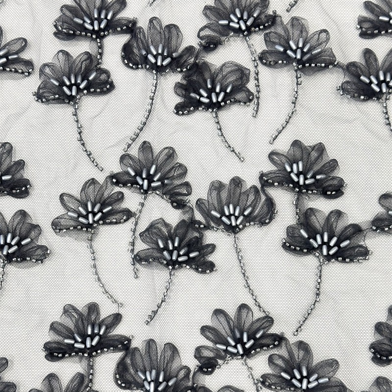 Flores de cuentas de arroz bordadas de verano tela bordada vestido tridimensional moda danza vestido de cena tela de encaje