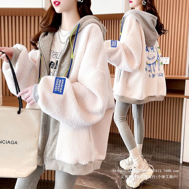 2026 Loose-fitting Korean Style Embroidered Fleece-lined Thick Hooded Lambswool Sweatshirt Cardigan Women's Autumn and Winter Zipper Coat Trendy