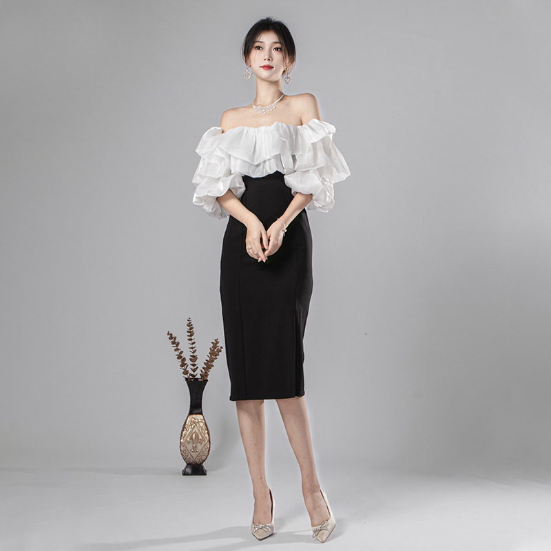 11137 One-Shoulder Satin Ruffled Color-Blocked Slit Dress with High-Waisted Slimming Look Tube Top Dress