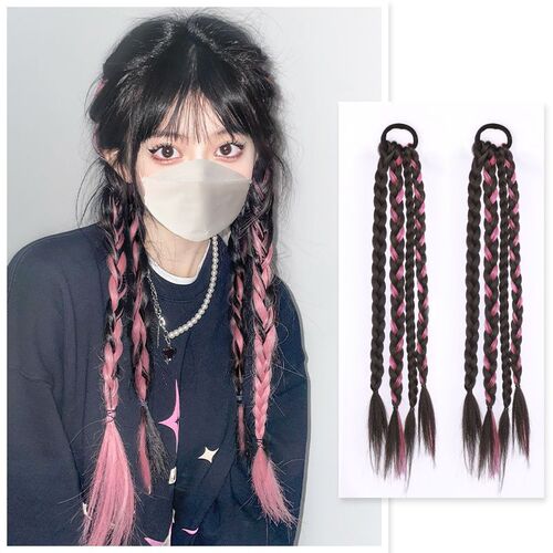 Three-strand boxing ponytail pick-dyed braid net sweet cool spicy girl same style fishbone long braid performance dirty braid hair accessory