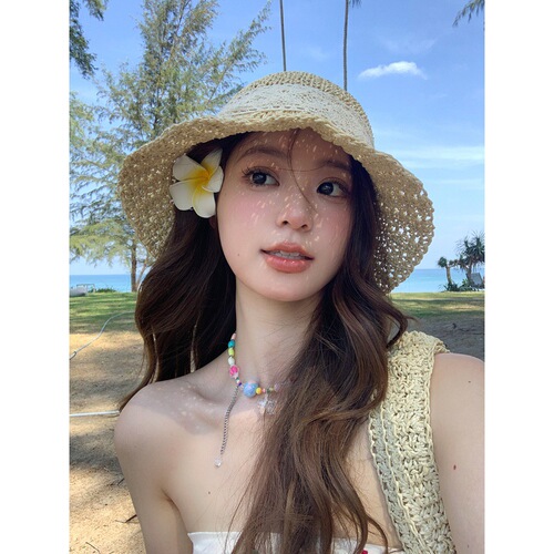 Bowknot Lace Fringe Straw Hat Women's Beach Resort Hollowed Out Wide Brim Sunscreen Sunshade Fisherman's Cap Bucket Hat 
