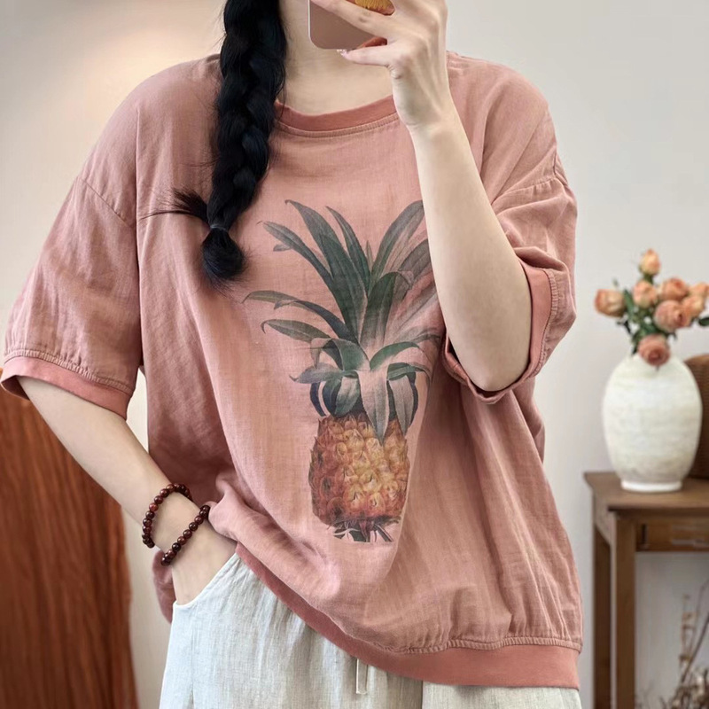 二重綿糸夏の新型レトロなプリントのゆるい丸首二重綿糸が痩せている半袖tシャツの上着の女性|undefined