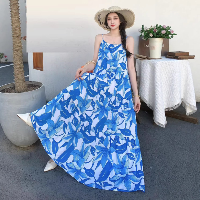 French-Style Printed Sleeveless Spaghetti Strap Dress for Women, Summer Long Dress with a Large Hem for Beach Vacation, Cotton Floral Hawaiian Island Style French-Style Printed Sleeveless Spaghetti Strap Dress for Women, Summer Long Dress with a Large Hem for Beach Vacation, Cotton Floral Hawaiian Island Style