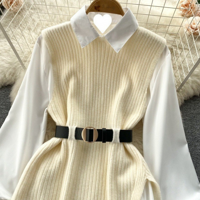 Autumn and Winter Vest Loose Long-Sleeved White Polo Collar Top Slit Vest Pullover Accessible Luxury Celebrity Suit Women's Knitwear