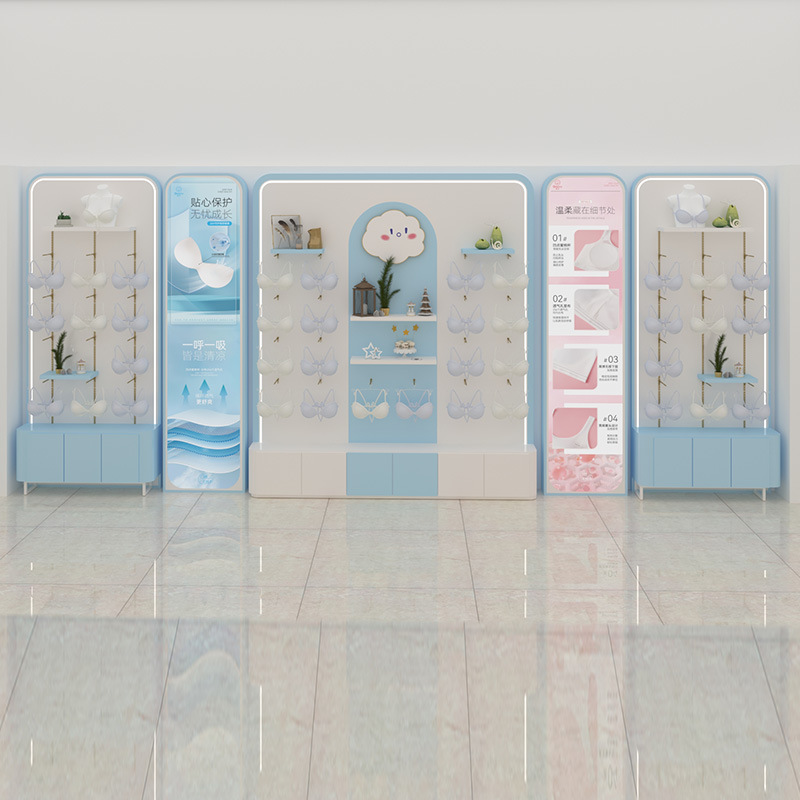 开店内衣展示柜冰蓝色店铺展厅烤漆柜子弧形文胸展柜服装服饰家具