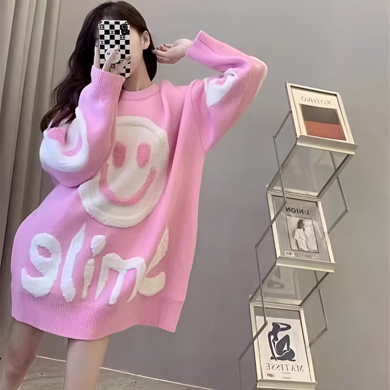Smiley Face Sweater for Women 2025 Autumn and Winter New Style Loose Fit Slimming Lazy Style High-End Women's Top Trendy Long Sleeve