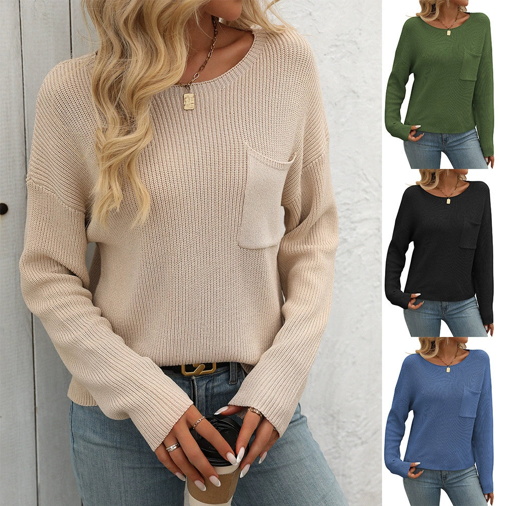 2024 новый стиль трансграничная европейская и американская женская одежда амазонка взрывает дамы с круглым вырезом карман декоративный топ свитер с длинными рукавами