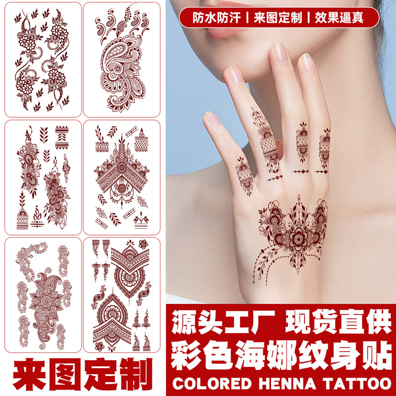 European and American Henna Tattoo Stickers, Vermilion Lace Disposable Stickers, Waterproof and Sweat-Proof Tattoos, Popular Semi-Permanent Prints