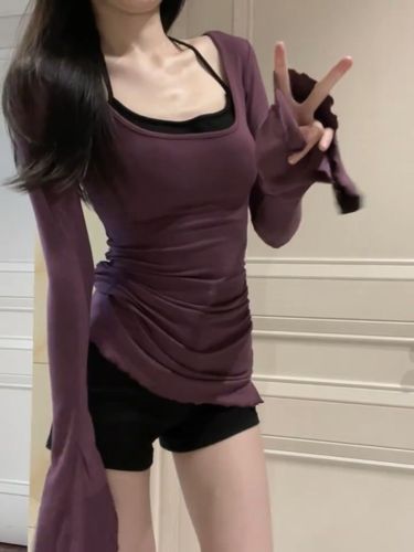 [260g rayon modal] bell sleeve square neck long sleeve t-shirt for women pleated waist elastic bottoming