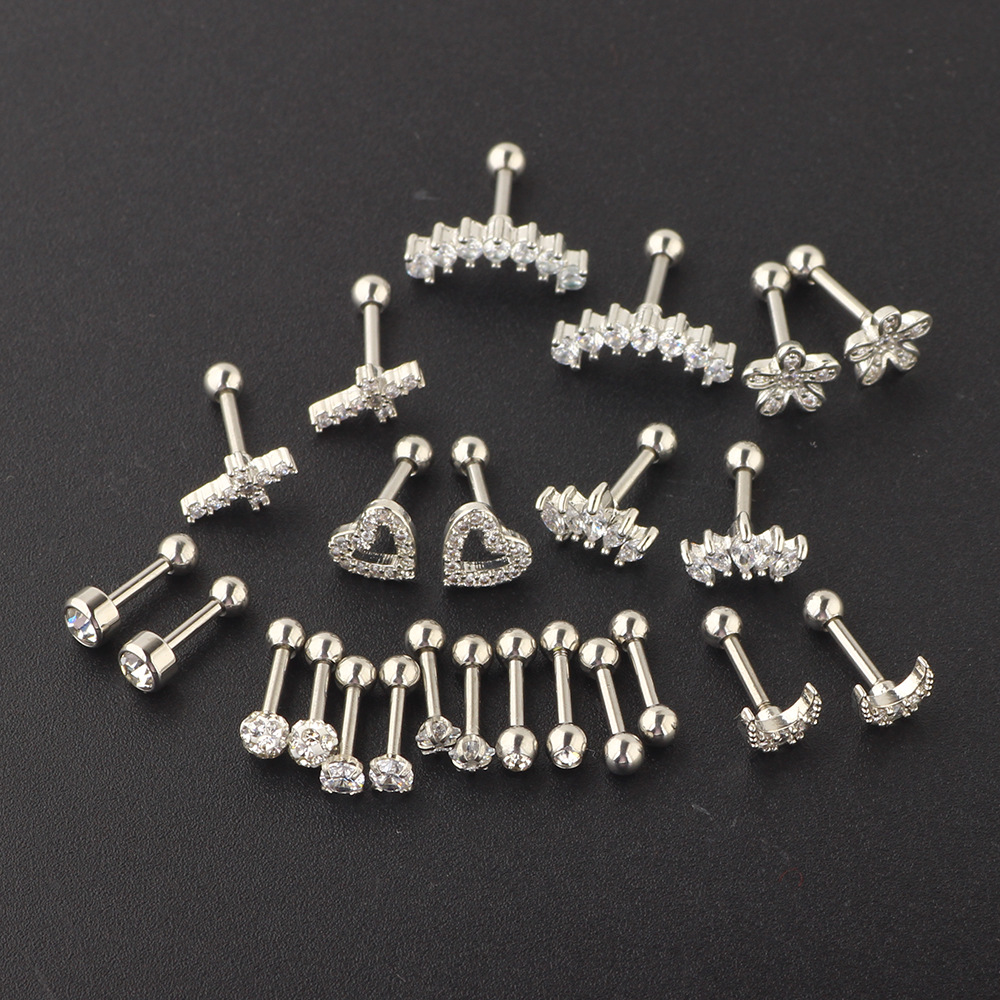 Inlay Design 1 Set Ear Cartilage Rings & Studs Simple Style Solid Color 304 Stainless Steel Inlay Zircon Ear Cartilage Rings & Studs