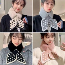 围巾女秋冬季韩版潮保暖百搭护颈脖套冬天仿獭兔毛绒交叉波点围脖