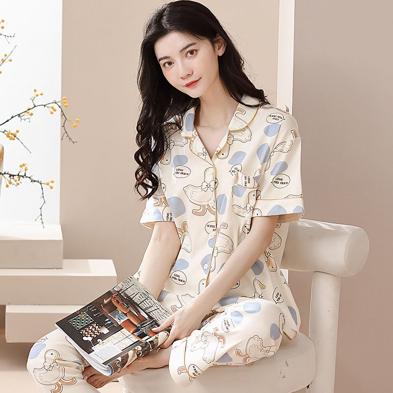 Nuevos pijamas de verano de las mujeres pantalones de manga corta 100% algodón Delgado solapa casual de las mujeres mamá ropa de casa traje de verano