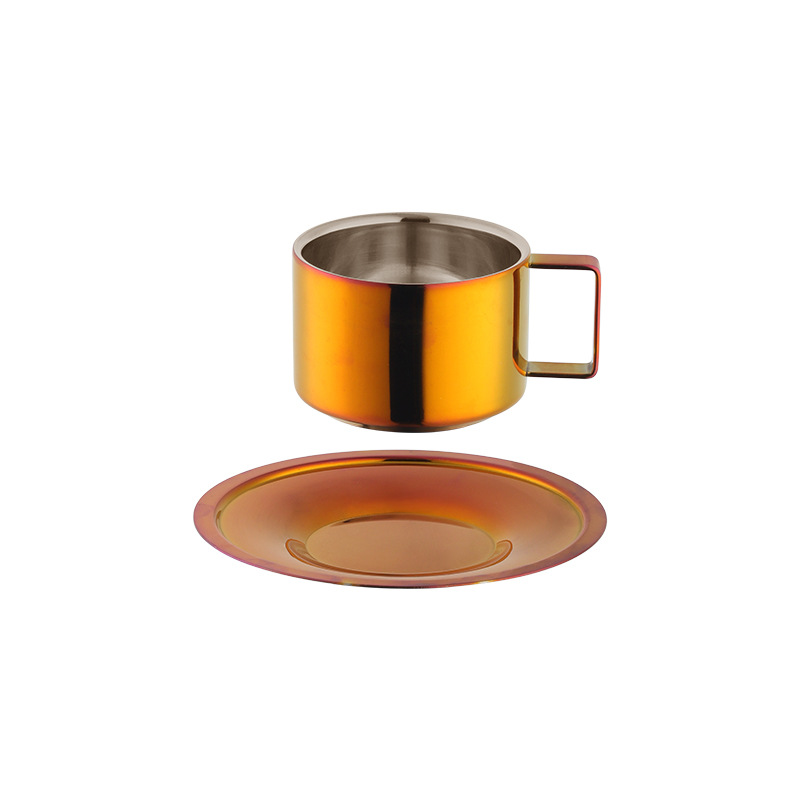 304 taza de café de doble capa de acero inoxidable estilo europeo con juego de platillo taza de té perfumado de oro Chapado en titanio taza de leche al por mayor