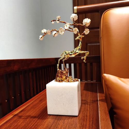 Marble Yellow Copper Plum Blossom Deer Ornament Living Room Entrance TV Bar Cabinet Luxury Home Decor Desk Soft Decoration