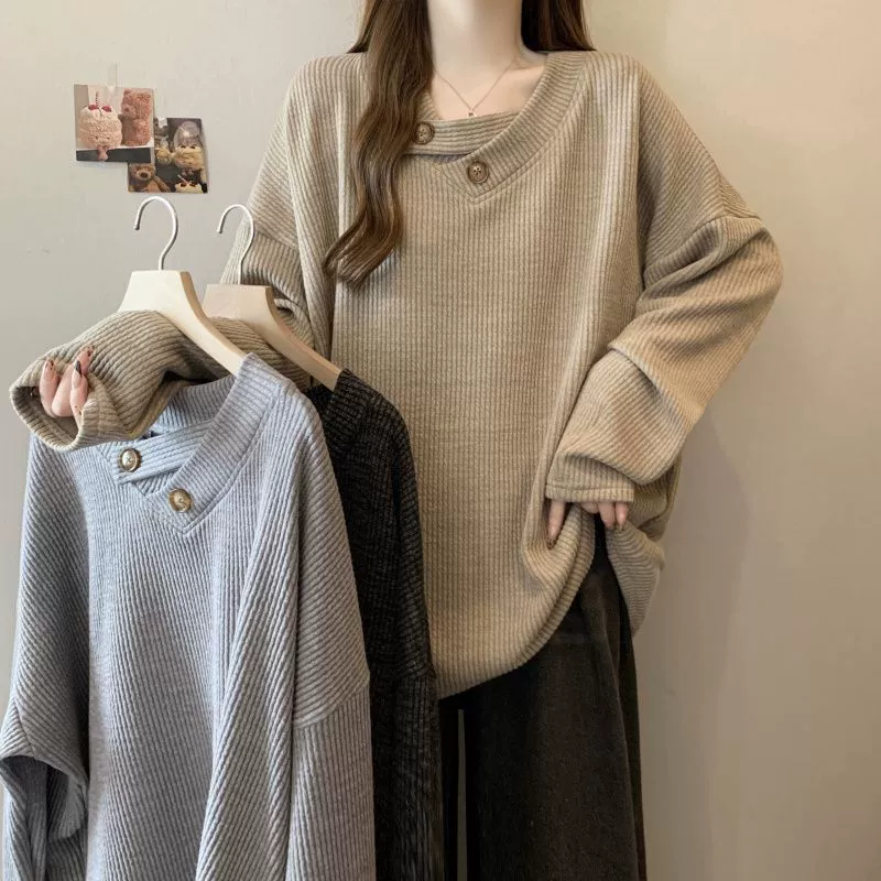 Очень большой размер 150kg с ребристым воротником и длинными рукавами для женщин, весна и осень 2025, новая свободная модная базовая рубашка для похудения для женщин