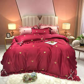 婚庆结婚四件套酒红红色被套爱心刺绣纯棉床单新婚房床上用品