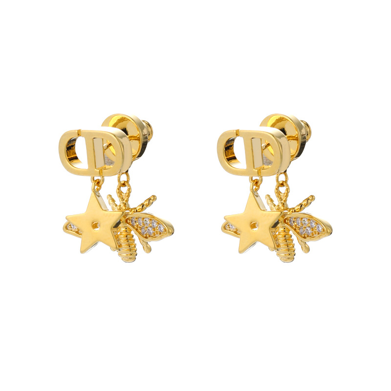 CD clásico abeja circón aretes delantero y trasero de doble propósito estrellas de alta calidad Pendientes de aguja plateada pequeño libro rojo con el mismo estilo de joyería de oreja