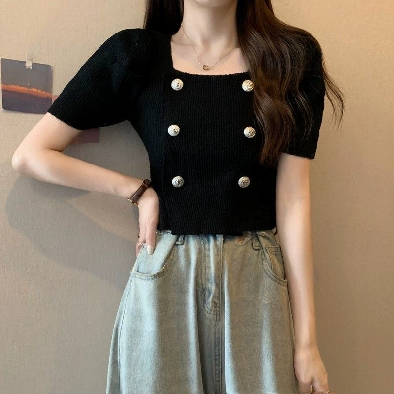 2025 новая летняя вязаная футболка с квадратным вырезом и короткими рукавами, женская двубортная модель, миниатюрный стиль, короткий топ