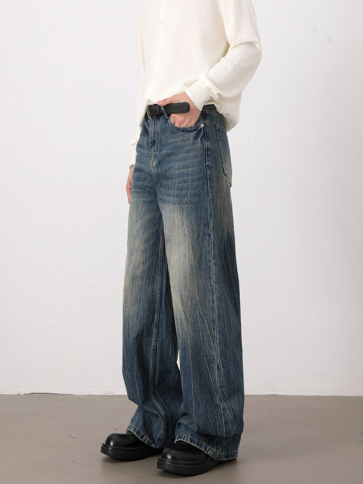 Quần jean nam ống rộng dáng suông màu xanh wash, râu mèo, phong cách đơn giản dễ phối đồ — Màu xanh dương
