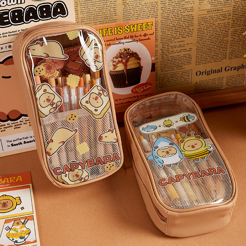 Capibala bolsas de lápiz transparentes de gran capacidad de estudiantes de primaria lindas cajas de papelería resistentes al agua pequeñas cajas de lápiz multicapa