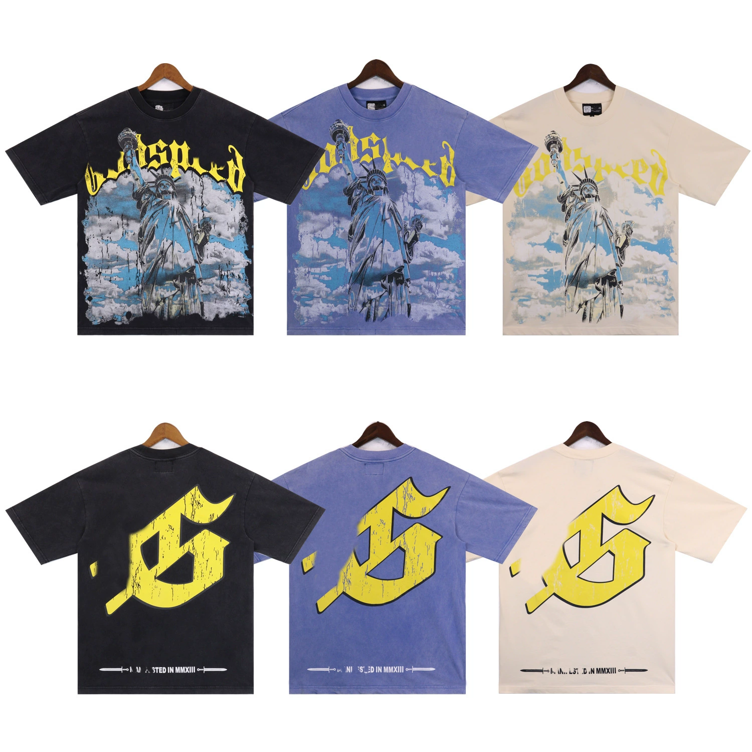 Трансграничный прилив бренд мойка футболка GODSPEED Буква моды скульптура с принтом, рубашка для мужчин свободная повседневная с короткими рукавами