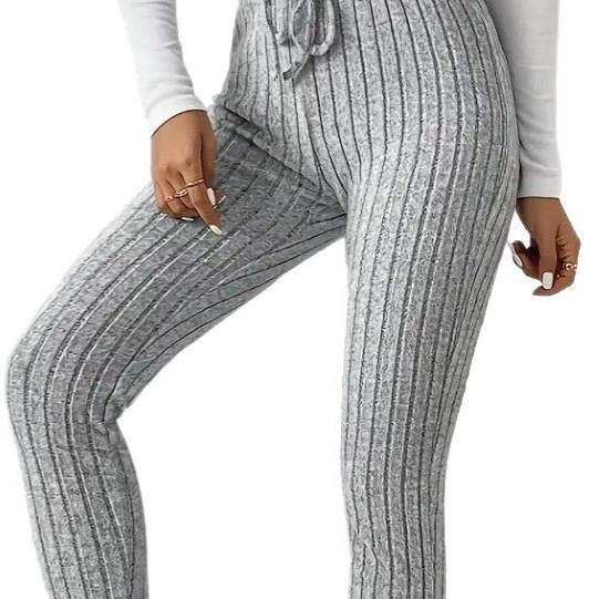 Damenbekleidung Einfarbige gerippte Strickhose mit Kordelzug und enger Unterseite_voghion.com