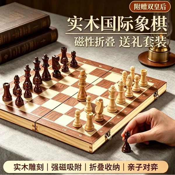 International Magnetic Chess Set with Solid Wood Folding Board, Includes Double Queens, Western Chess, Special for Children and Students' Training and Competitions