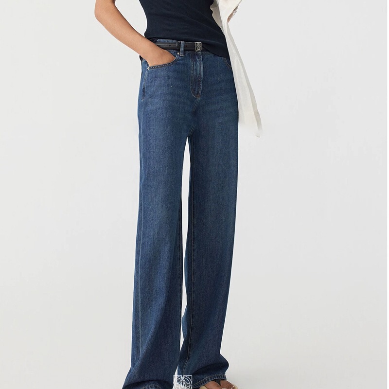 Vintage Washed Blue High-Waisted Straight-Leg Jeans, Drapey and Slimming, Extended Length, Floor-Length Wide-Leg Denim Pants