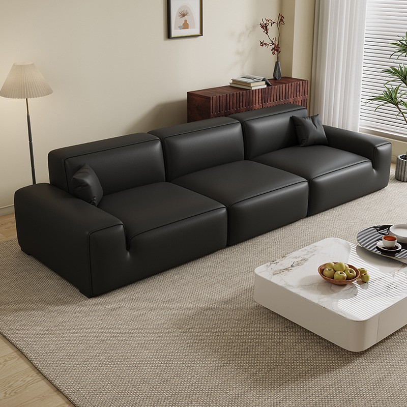 Modern Minimalist Black Bull Leather Sofa Set Italian Minimalist Living Room Small Home Straight Black Three-Seater Sofa
