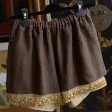 预售时髦轻奢裤脚重工钉珠亮片松紧腰双层阔腿短裤