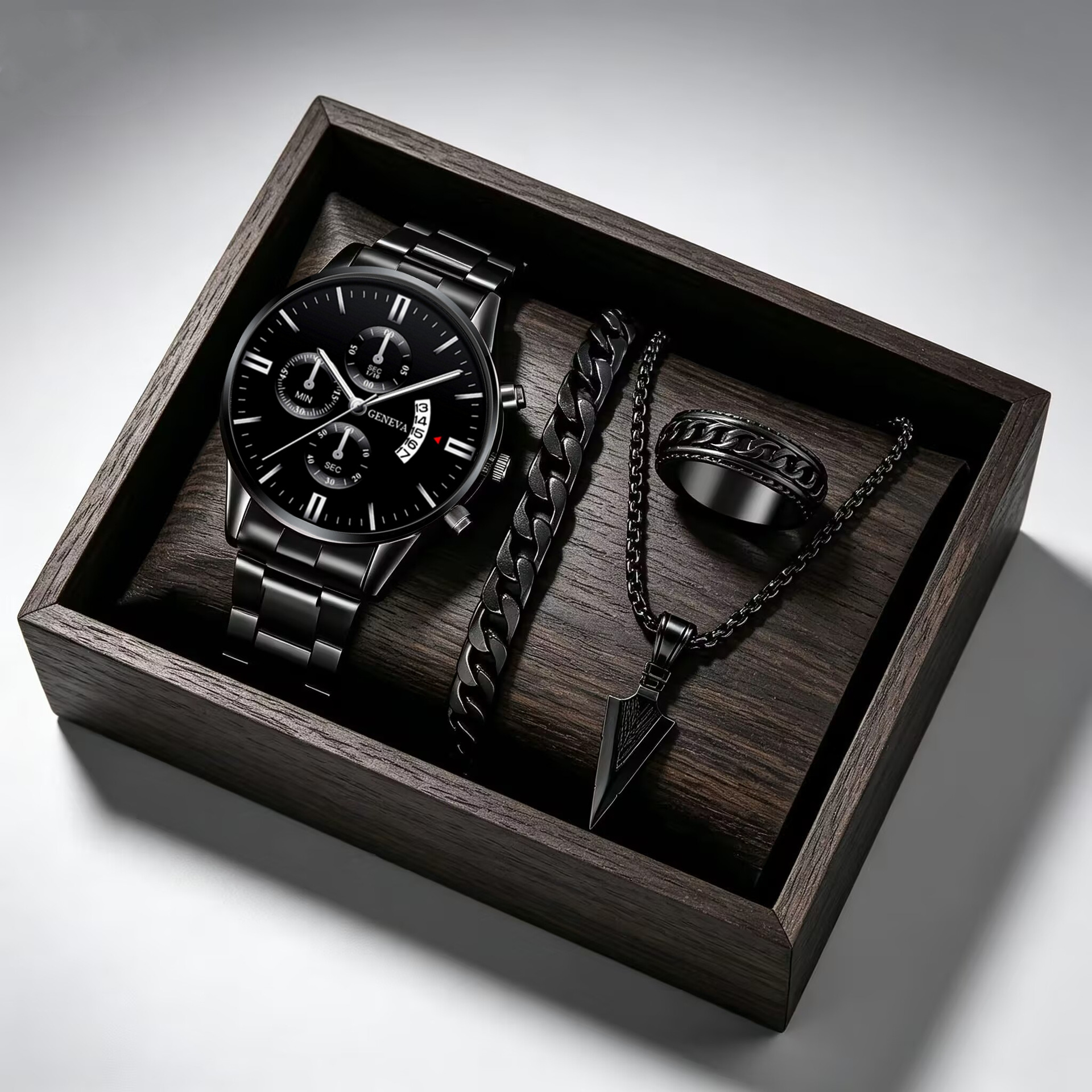 Calendario de moda clásica de moda de hombre al por mayor reloj de pulsera reloj de correa de acero reloj de negocios conjunto transfronterizo