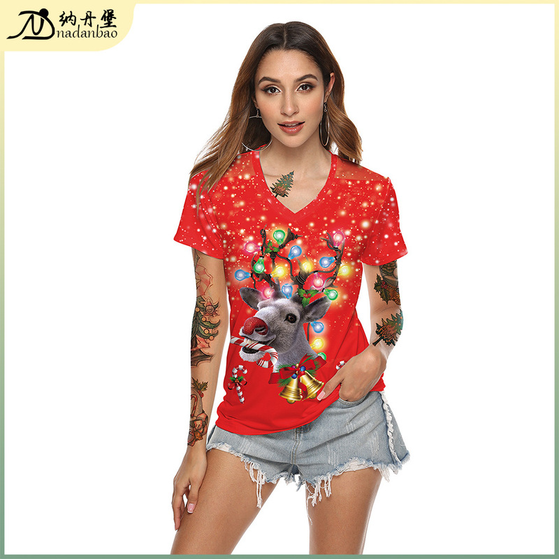 Cross-Border Supply Fashion European and American Personalized Women's T-Shirt Red Christmas Reindeer Digital Printing V Neck Short-Sleeved Top Cross-Border Supply Fashion European and American Personalized Women's T-Shirt Red Christmas Reindeer Digital Printing V Neck Short-Sleeved Top
