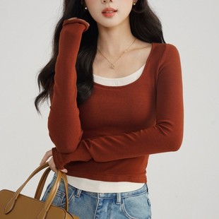 Fake Two-piece Long-sleeved T-shirt with Chest Pad Women's Autumn and Winter Sanding Warm Base Sweet Elegant Small Slim-fit Interior