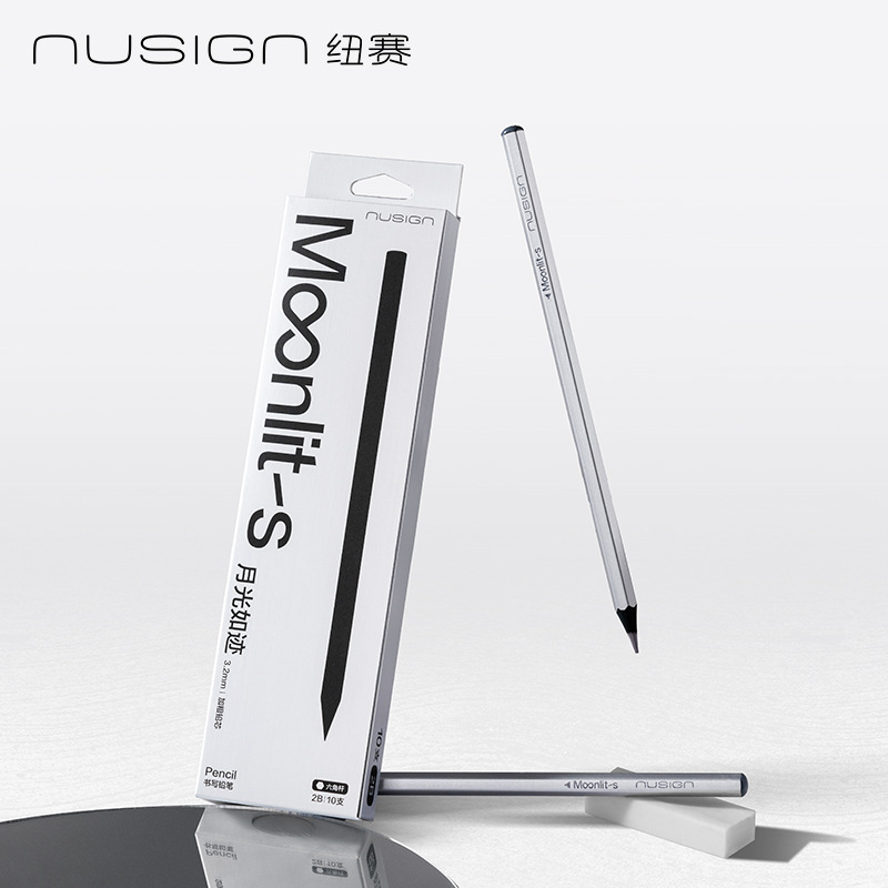 DeLineux NS753 bar de plata luz de luna madera negra HB / 2B dibujo de escritura de lápiz de grafito hexagonal