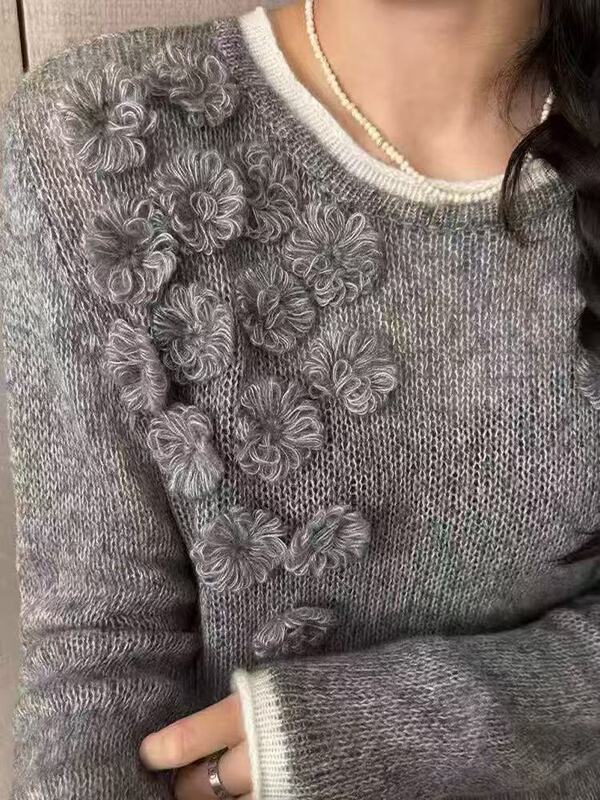 丝羊绒针织衫女圆领2025秋季新款时尚手工勾花洋气减龄宽松毛衣女|undefined